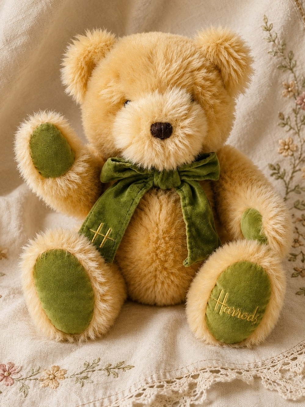 Harrods Knightsbridge Teddy Bear Hidden Compartment Green Velvet Plush 10"